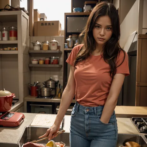 Female supermodel. Pastel red T-Shirt. Blue jeans. Dim, soft lighting. Sunset. Sunset. Kappabashi Kitchen Tools Street, Tokyo, Japan.