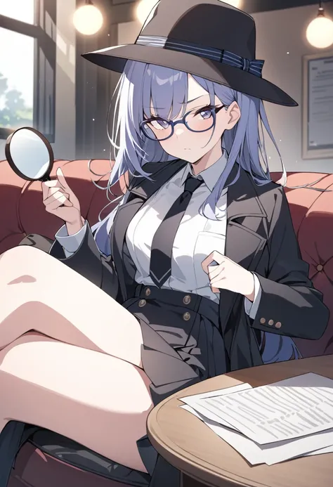 Detective girl, anime, masterpiece, best quality, 1 girl ( black trench coat, suit, skirt, fedora, glasses, cross-legged, sitting on sofa, necktie, right hand hold magnifier:1.2, left hand on sofa), ( table, papers on table ), window, ofice background, bok...