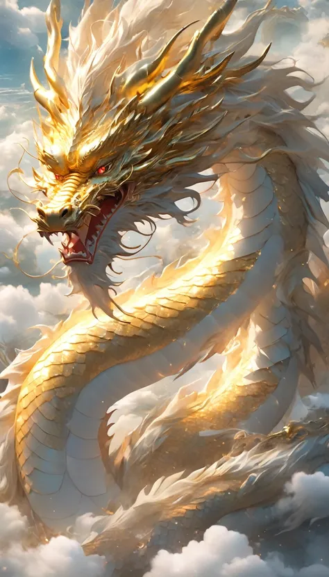 A giant dragon appears from the sea of clouds、The dragon is１body、The dragon is大空へ向かって駆け上がる、Looking up at the sky、Carrying great happiness、Huge gold and red body、Highly complete、High detail、high resolution、High color rendering、High resolution、Surreal、real、g...