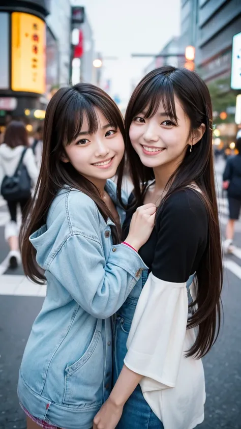 Best quality, high resolution, 8K, two girls, Japanese, hugging, best smile, street fashion, beautiful woman, pretty face, cute face, two cute people, Tokyo cityscape