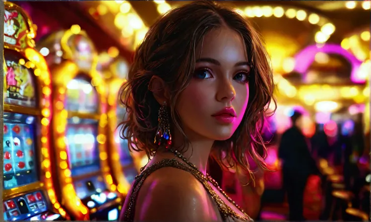 girl standing at a dice machine in casino, three large white dices in a glass cylinder. colorful casino atmosphere, vibrant colors, photorealistic, medium shot, neon lights
