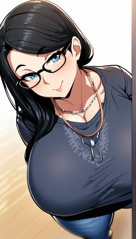 1girl,solo,Mature Woman,Black Hair,long hair,blue eyes color,Glasses,mother,gentle,kind face,Super huge breasts,Flabby thighs,wipWhipped thighs,knit with vertical lines accentuating the lines of the body,jeans that accentuate the bodys curves,necklace,stan...