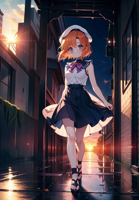 kidney, Rena Ryuuguu, Orange Hair, short hair, blue eyes, smile, blush,Grin,(Small breasts:1.2),beret,Sleeveless dress,Long skirt,Heeled Sandals,evening,sunset,The sun is setting,Walking,whole bodyがイラストに入る,
break looking at viewer,whole body,
break outdoor...