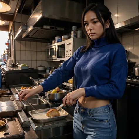 Female supermodel. Royal blue sweater. Blue jeans. Dim, soft lighting. Sunset. Sunset. Kappabashi Kitchen Tools Street, Tokyo, Japan.