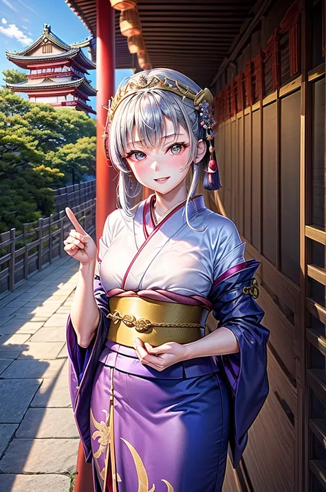 high quality, noble princess, ancient japan, kimono, beautiful girl, gorgeous, contemptuous girl, 19 years old, in a japanese castle, arrogant girl, good hands, contemptuous smile, (she is looking down the viewer with contempt), (she mocks me), view from b...