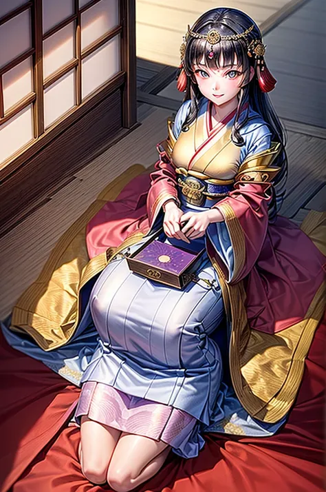 high quality, noble princess, ancient japan, kimono, beautiful girl, gorgeous, contemptuous girl, 19 years old, in a japanese castle, arrogant girl, good hands, contemptuous smile, (she is looking down the viewer with contempt), (looking down the viewer), ...