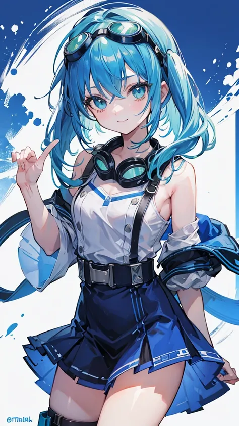 Cowboy Shot, Twin tails, Revealing clothing, (Put goggles on your head:1.3), Blue Theme, otoko no ko,, ultra detailed, masterpiece, Highest quality, beautiful, detailed,, ultra detailed, masterpiece, Highest quality, alone, smile, One girl, Green Eyes, sho...