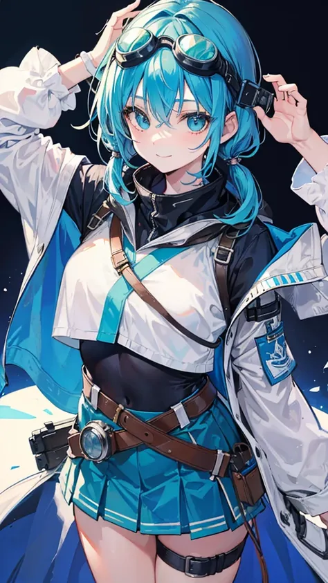 Cowboy Shot, Twin tails, Revealing clothing, (Put goggles on your head:1.3), Blue Theme, otoko no ko,, ultra detailed, masterpiece, Highest quality, beautiful, detailed,, ultra detailed, masterpiece, Highest quality, alone, smile, One girl, Green Eyes, sho...