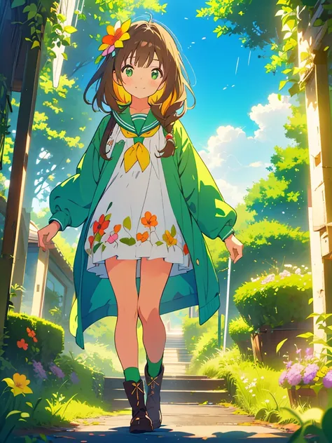 kawaii, anime, Cute, hyper quality, highly detailed, 16k, Front facing, Clarity, girl, brown long hair, green eyes, smile, girl, Elementary school student in a raincoat, Uplifting, private clothes, white kiwi flower, flower, a rainbow appears, bright blue ...