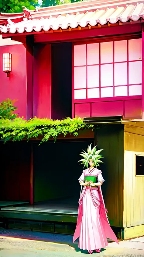 kefla,wearing a white lace blouse and a pink skirt, standing in front of a traditional japanese building with greenery in the ba...