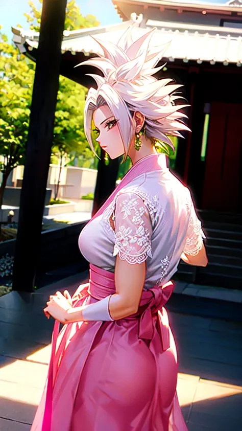 kefla,wearing a white lace blouse and a pink skirt, standing in front of a traditional japanese building with greenery in the ba...