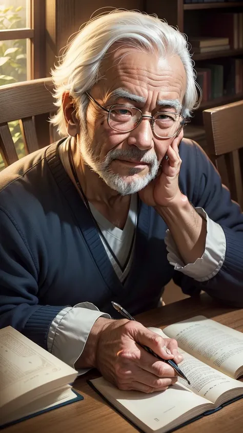 arafed man sitting at a table with a book and a cup of coffee, portrait shot, detailed portrait shot, book portrait, hayao miyazaki style, mid shot portrait, handsome man, miyazaki hayao, asian man, close up portrait shot, detailed portrait, portrait photo...