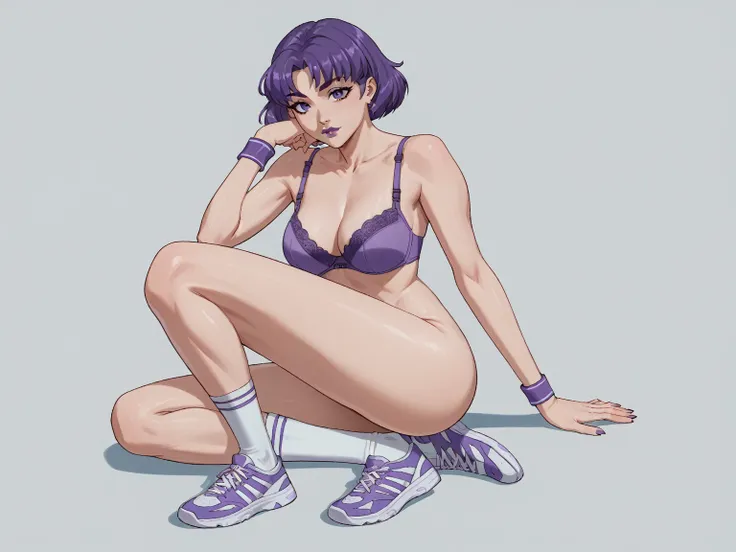 1girl, solo, purple hair, female, teenage, short hair, purple eyes, purple eyelids, purple eyebrows, large breast, bra size c+, panty shot, full body, purple lipstick, bra, purple bra, underwear, white socks, purple and white tennis shoes, purple bracelet,...