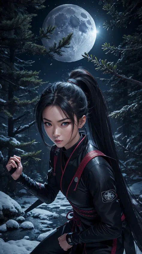 8K resolution, high image quality, high quality, real, female, ninja, kuichi, ice-cold eyes, ninja clothes, or have a shuriken in your hand, moonlit night, full moon, lurking in a pine tree branch, image from head to foot,