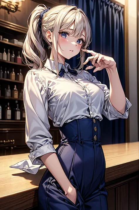 masterpiece、Highest quality、Very detailed、An illustration、Beautiful attention to detail、One Girl、cute、Detailed landscape、Bar Background、Platinum Blonde Hair、Braided Ponytail、((D cup breasts, Collared short-sleeved shirt:1.3, Navy blue slacks)), 