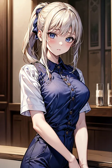 masterpiece、Highest quality、Very detailed、An illustration、Beautiful attention to detail、One Girl、cute、Detailed landscape、Bar Background、Platinum Blonde Hair、Braided Ponytail、((D cup breasts, Collared short-sleeved shirt:1.3, Navy blue slacks)), 