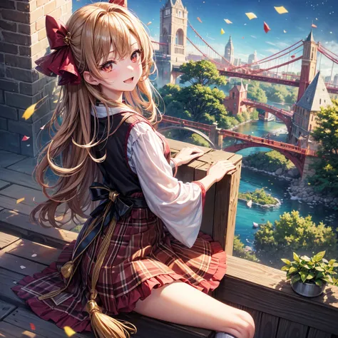 Pink, red, brown, gold, gold hair、Red gold eyes、Hair tied up、One good looking girl、solo、anime、Checkered mini skirt、Ruffles on the skirt、Checked dress、blouse、Kimono、Black knee-high socks、Ribbon、Ribbon on waist、Teeth are visible、Sparkly Necklace、From above、C...