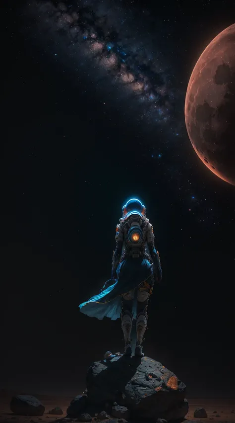 Futuristic woman dancing on the moon:1.6,  Standing on a Martian rock, The stars twinkling in the distant sky, (Highest quality, 4K, 8K, High resolution, masterpiece:1.2), Super detailed, Realist, photoRealist, photo-Realist:1.37, High resolution, 超High re...