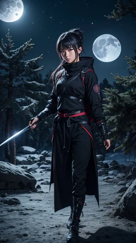 8K resolution, high image quality, high quality, real, female, ninja, kuichi, ice-cold eyes, ninja clothes, or have a shuriken in your hand, moonlit night, full moon, lurking in a pine tree branch, image from head to foot,