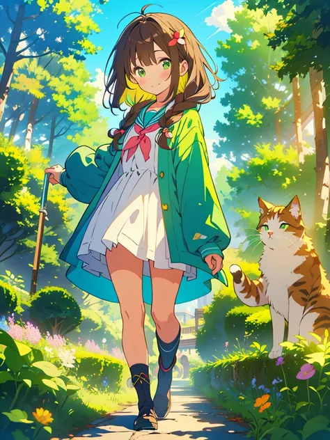 kawaii, anime, Cute, hyper quality, highly detailed, 16k, Front facing, Clarity, girl, brown long hair, green eyes, smile, girl, Elementary school student in a raincoat, Uplifting, private clothes, Cats walk at my feet, flower, a rainbow appears, bright bl...