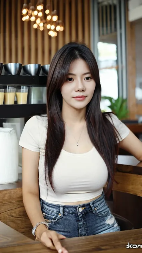 a pretty indonesian girl, perfect body, natural breasts, casual white tight shirt with o-neck short-sleeve and jeans short shorts, high heels, at coffee shop, standing, front view, detailed face, realistic, photo realistic, at office room, finely detailed ...