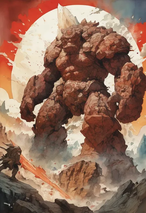 artwork:Katsuya Terada 、giant golem、A rock golem with a face appearing from the cloud of dust、Red glowing eyes、Strong winds、Rocky wilderness、A small depiction of a warrior fighting a golem.、 (Vector art:1.4), Watercolor、diego gisbert lawrence、Joe San Gonza...