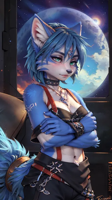 a beautiful and detailed (sweet picture) of ((krystal)), star fox krystal,  green eyes, medium breasts, (((long blue hair 1.3)))...