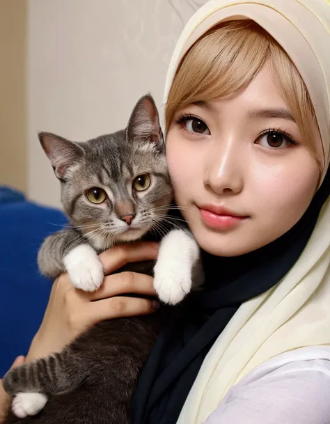 there is a young girl with hijab on her head, hug a cat, very beautiful cute catgirl, she is holding a cat in her arms, with small cat on lap, holding a cat, ulzzang, beautiful young catgirl, attractive cat girl, with ivy, with cats on her side, girl with ...