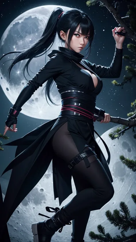 8K resolution, high image quality, high quality, real, female, ninja, kuichi, ice-cold eyes, ninja clothes, or have a shuriken in your hand, moonlit night, full moon, lurking in a pine tree branch, image from head to foot,