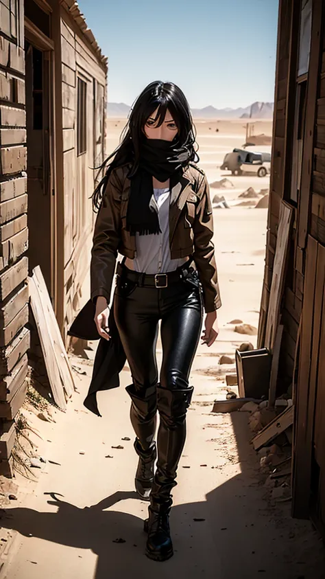 (masterpiece, best quality), 8K, A black long hair girl ,  wearing a grey dirty scarf covered her mouth and nose, wearing a jacket and long leather pants, A girl walks in the desert after the apocalypse, with many abandoned buildings and vehicles buried in...