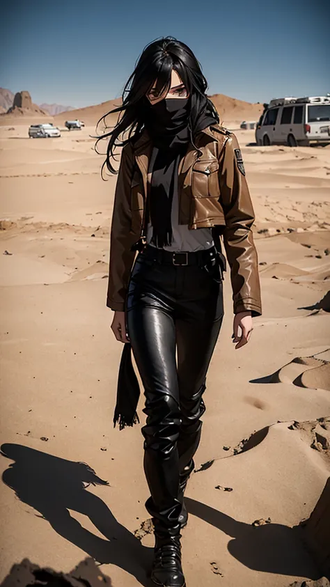 (masterpiece, best quality), 8K, A black long hair girl ,  wearing a grey dirty scarf covered her mouth and nose, wearing a jacket and long leather pants, A girl walks in the desert after the apocalypse, with many abandoned buildings and vehicles buried in...