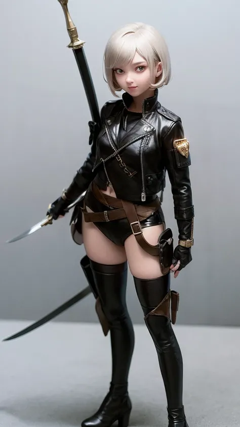 Masterpiece, Highest quality, 4K, The face is precise(((must))), concept art, best shot, miniature, tablesize figure, Holding a beautifully decorated long sword, A brave pose, head to toe((must)), aschgray haired early 20s Russian girl, Wearing jet black p...