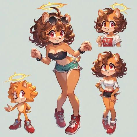 score_9, score_8_up, solo, mobian, hedgehog, two-tone fur ((orange fur, brown fur)), pyjama elastic shorts, strapless crop top, cleavage, high-top sneakers, two-tone hair (brown hair, black tip)), curly hair, halo, sunglasses, jewelry, red eyes, longeyelas...