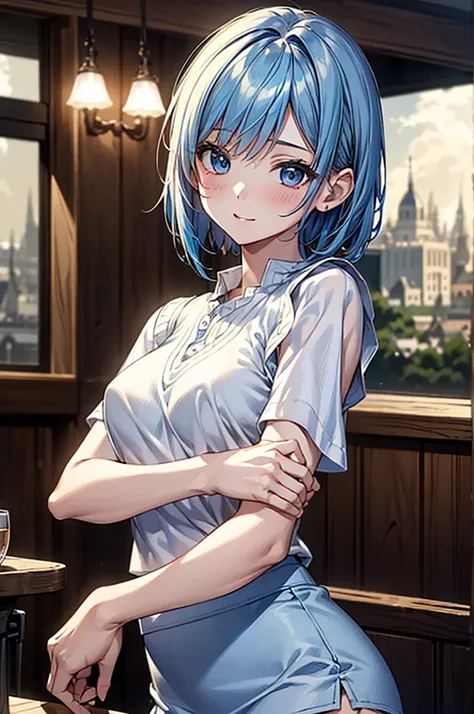 masterpiece、Highest quality、Very detailed、An illustration、Beautiful attention to detail、One Girl、cute、Detailed landscape、Bar Background、Light blue hair、Bob Hair、((C cup breasts, Short sleeve shirt:1.3, White vest, mini skirt)),