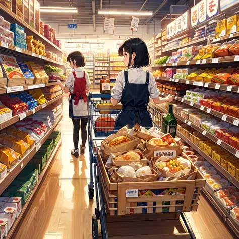 Masterpiece, highest quality, high resolution background, bright and beautiful atmosphere, 3 girls (2 years old, 1 short-tempered round face), 1  (hair, surface effects), small breasts, grocery store, cart from the back Girl pushing, the ingredients needed...