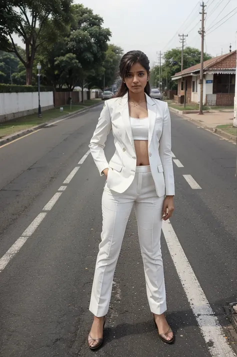 A indian white colour girl wearing a sexy suit and standing on the road