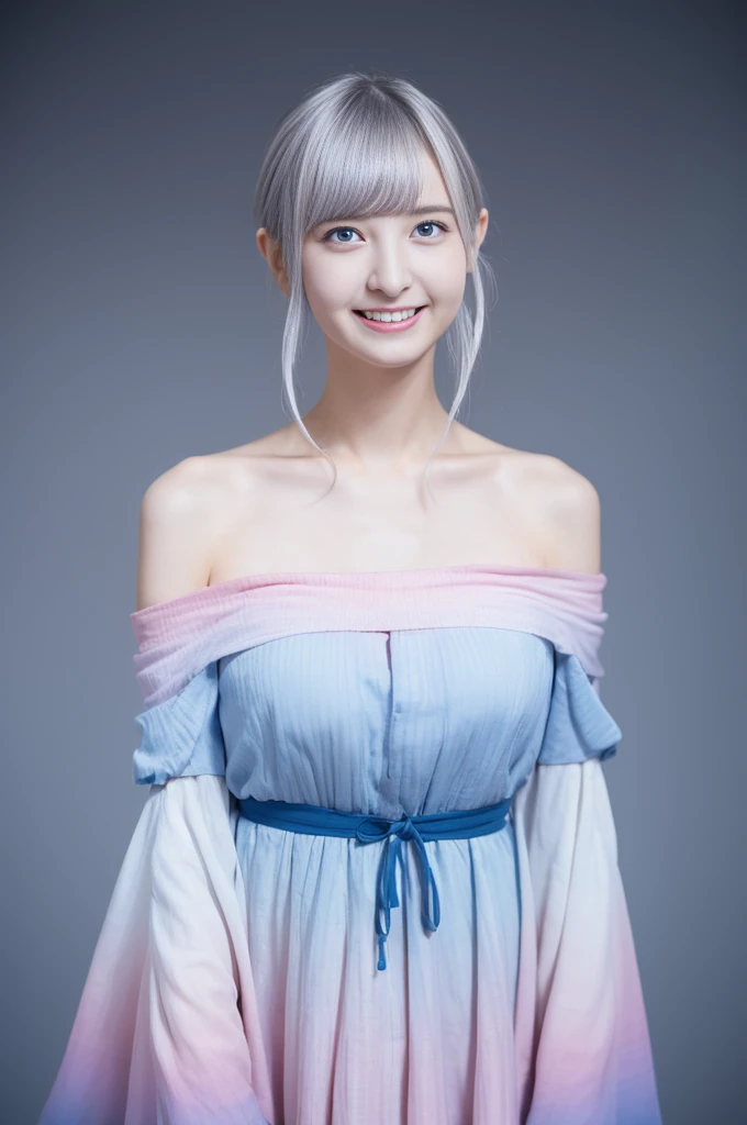 masterpiece, Highest quality, 8K, 18-year-old, RAW Photos, Absurd, Award-winning portraits, smile, smile, Pure, German, white pink ((Ombre)) dress, Perfect breasts, Gray Hair, blue eyes, Off the shoulder, Waist open, ((whole body))