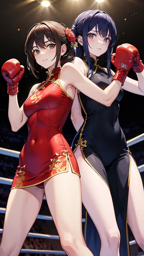 Two women in Chinese dresses are boxing in the ring