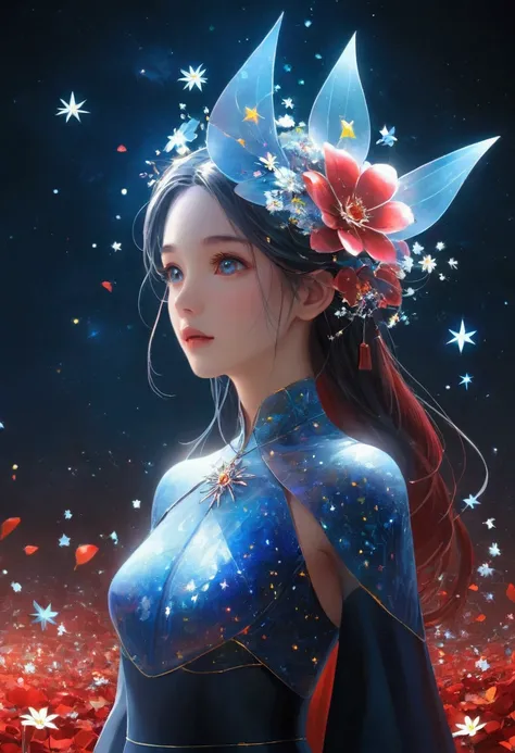 night，Beautiful Girl, Exquisite face, Blue gradient 3D pixel blocks, A structure that was initially intact but gradually disintegrated in the air, (Thousand Flower Glass), Starry Sky，fantasy，magic，mystery，illusory，Dreamy，Inverted, red symmetry, high qualit...