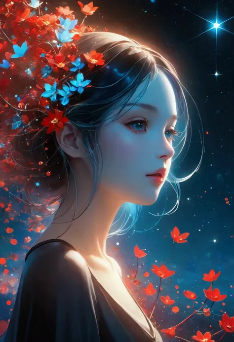 night，Beautiful Girl, Exquisite face, Blue gradient 3D pixel blocks, A structure that was initially intact but gradually disintegrated in the air, (Thousand Flower Glass), Starry Sky，fantasy，magic，mystery，illusory，Dreamy，Inverted, red symmetry, high qualit...