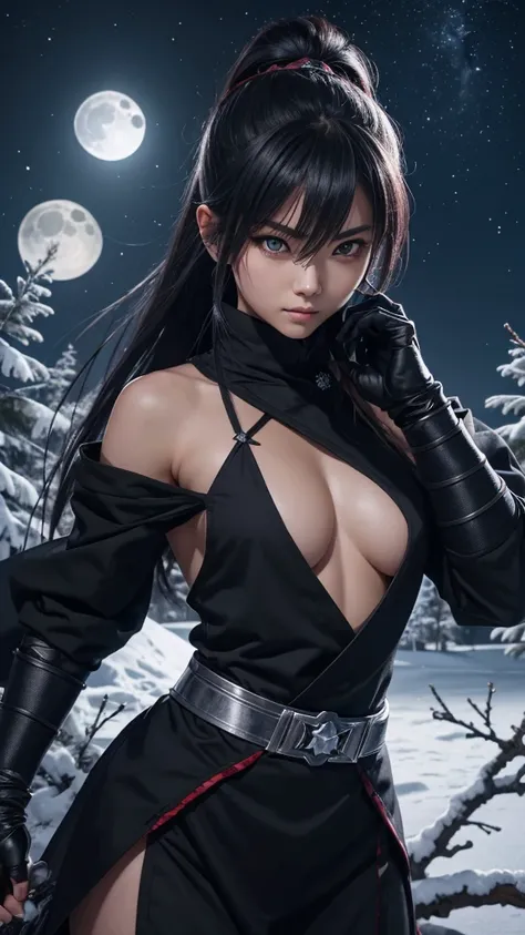 8K resolution, high image quality, high quality, real, female, ninja, kuichi, ice-cold eyes, ninja clothes, or have a shuriken in your hand, moonlit night, full moon, lurking in a pine tree branch, image from head to foot,