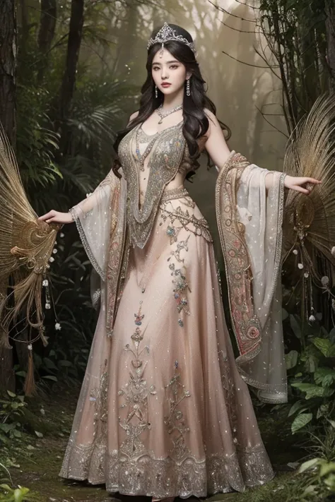 Magic embroidery style  The most beautiful young woman dances with long flowing hair.  Wearing heavily embroidered dresses and bejeweled hats, pearls and beads glittered in the misty forest.   full length view    Intricate details, ornate, detailed illustr...