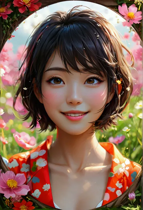 Create an illustration that meets the following conditions:。　-Create a round frame icon　-Japanese woman　-Anime style but realistic stick　-Short hair suits you　- Smiling　-Young but sexy aura　- The background is a flower field