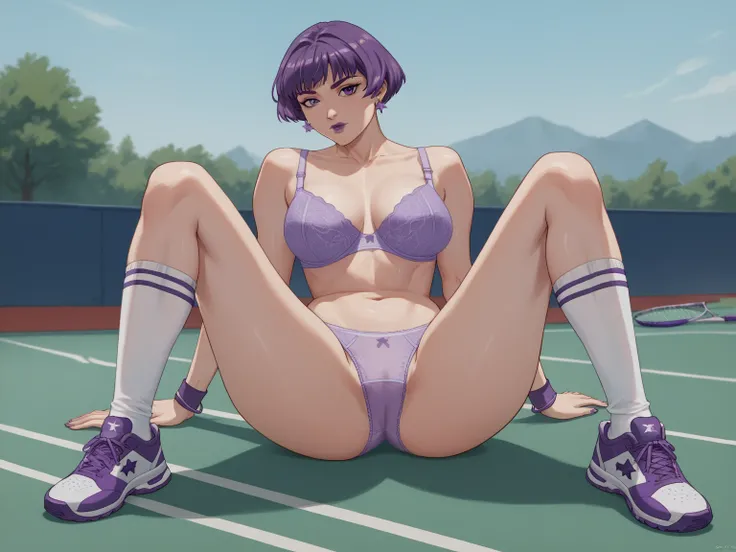 1girl, solo, purple hair, female, teenage, short hair, purple eyes, purple eyelids, purple eyebrows, large breast, bra size c+, panty shot, full body, purple lipstick, bra, purple bra, purple nylon panties, white socks, purple and white tennis shoes, purpl...