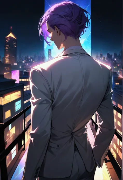 A man with purple hair in a white suit turns his back on the city at night.