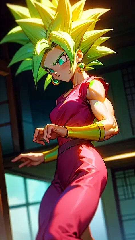 Kefla, keflassj, 1girl, solo, aqua eyes, green hair, spiked hair, super saiyan, super saiyan 1, green earrings, muscular, muscular female, biceps, wearing a white lace blouse and a pink skirt, standing in front of a traditional Japanese building with green...