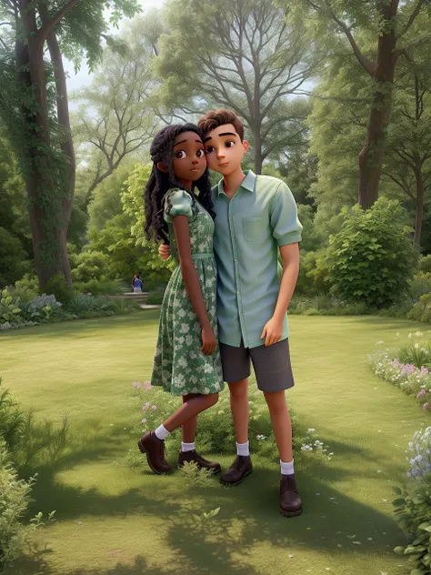 young slightly dark woman in a green dress and young man hugging each other looking at the photo, in a garden