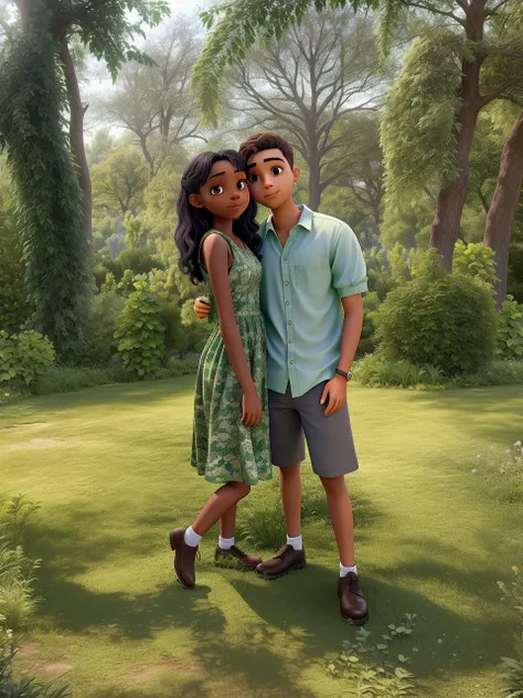 young slightly dark woman in a green dress and young man hugging each other looking at the photo, in a garden