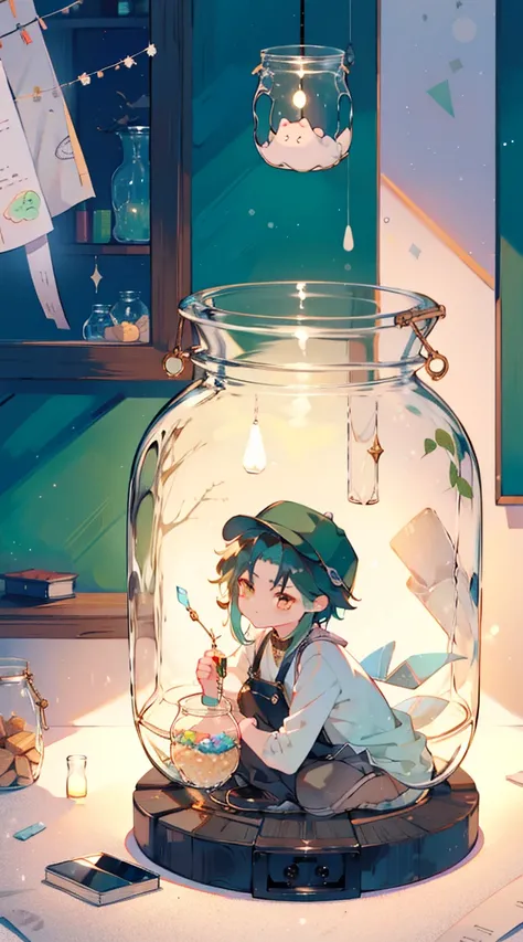 （（（（（（inside the jar））））））、a boy with、((((in a jar))))、charming、small, Happy atmosphere,, hat, Candy and Snacks, Gift, dark green hair,