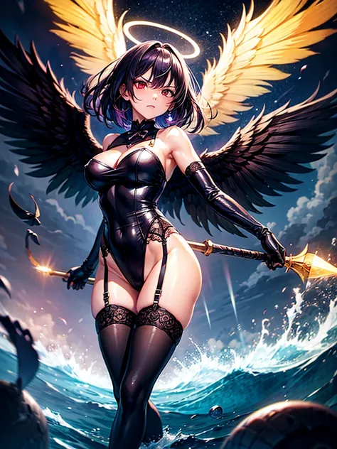 Highest quality,Highest Resolution,Beautiful girl with angry face in gothic lolita leotard,High leg,(((Floating in the air))),Halo,Night Sky,Lightning strikes,Thick Lightning,Very beautiful red eyes,rain,豪rain,(((Black angel wings on the back))),whole body...